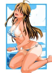 1girl ahoge ankle_strap armband ball bare_shoulders beach beachball bikini bird blue_armband blue_bikini blue_eyes blue_sky blush border breasts brown_hair cleavage clenched_hand collarbone day from_side goshiki_suzu horizon idolmaster idolmaster_million_live! idolmaster_million_live!_theater_days large_breasts light_particles long_hair looking_at_viewer ocean one_eye_closed open_mouth outdoors outside_border seagull side-tie_bikini_bottom sideboob sitting sky smile solo striped_bikini striped_clothes swept_bangs swimsuit tan tanline tokoro_megumi white_border yokozuwari