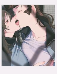 2girls brown_eyes closed_eyes commentary french_kiss girls_und_panzer grabbing_another&#039;s_breast groping heart katsuoboshi keizoku_military_uniform kiss long_hair mika_(girls_und_panzer) multiple_girls pompadour tongue tongue_out yuri yuri_(girls_und_panzer)