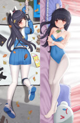 1girl alternate_costume ammunition_box animal_ears ass bare_shoulders bed bed_sheet bird black_hair blue_archive blue_leotard blunt_bangs blurry bolt_action bottle collarbone commentary crossed_arms curtains dakimakura_(medium) depth_of_field detached_collar english_commentary fake_animal_ears from_behind gun hairband handgun head_tilt highleg highleg_leotard highres holding holding_gun holding_weapon indoors knee_pads kurisu-kun leaf leaf_on_head leotard long_hair long_sleeves looking_at_viewer looking_back lying mat miyu_(blue_archive) mosin-nagant on_side on_stomach outdoors pantyhose pillow playboy_bunny pleated_skirt rabbit_ears red_eyes rifle school_uniform serafuku shoes sidelocks skirt sleeveless sneakers strapless strapless_leotard stuffed_animal stuffed_rabbit stuffed_toy water_bottle weapon white_pantyhose