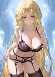 1girl absurdres adjusting_bra adjusting_clothes adjusting_panties bare_arms bare_shoulders black_garter_belt black_garter_straps black_panties black_thighhighs blonde_hair blush bra breasts cleavage closed_mouth collarbone garter_belt garter_straps highres lace lace-trimmed_bra lace_trim large_breasts long_hair looking_at_another navel original panties parted_bangs purple_bra purple_eyes purple_nails saw272 smile solo stomach thighhighs underwear