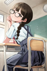 1girl absurdres blue_shirt book braid brown_hair chair chalkboard desk flat_chest from_behind glasses highres indoors looking_at_viewer looking_back low_twintails original pu3xn school school_desk school_uniform shirt short_sleeves sitting solo twin_braids twintails watch window