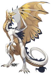 absurdres artist_name black_fur claws colored_skin dragon highres horns looking_up mane monster monster_focus mudosa multiple_horns no_humans original simple_background slit_pupils solo standing talons white_background white_skin yellow_eyes yellow_horns yellow_skin yellow_wings