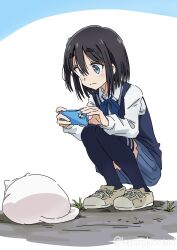 1girl absurdres amamiya_satsuki_(mono) black_hair blue_bow blue_eyes blue_skirt blue_sweater_vest blue_thighhighs bow cat cellphone collared_shirt full_body grass hair_between_eyes highres holding holding_phone kerorojuncaod long_sleeves looking_at_animal medium_hair mono_(afro) phone pleated_skirt school_uniform shirt shoes sidelocks simple_background skirt smartphone sneakers squatting sweater_vest taking_picture thick_eyebrows thighhighs white_cat white_shirt white_shoes