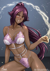 1girl adsouto artist_name bare_shoulders bleach breasts collarbone dark-skinned_female dark_skin female_focus hair_ornament large_breasts lingerie long_hair patreon_username ponytail purple_hair shihouin_yoruichi underwear variant_set yellow_eyes