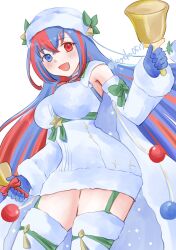 1girl alear_(female)_(fire_emblem) alear_(female)_(gifted_dragons)_(fire_emblem) alear_(fire_emblem) bell blue_eyes blue_gloves blue_hair blush breasts christmas crossed_bangs dress female_focus fire_emblem fire_emblem_engage fire_emblem_heroes fur-trimmed_headwear fur_trim fur_wrist_cuffs gloves hair_between_eyes hat heterochromia highres holding holding_bell kogeko0517 large_breasts matching_hair/eyes multicolored_hair nintendo official_alternate_costume open_mouth red_eyes red_hair smile split-color_hair thighhighs thighs two-tone_hair wrist_cuffs