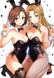 2girls absurdres animal_ears bare_shoulders black_bow black_bowtie black_leotard blue_eyes blush bow bowtie breasts brown_eyes brown_hair cleavage collarbone detached_collar earrings fake_animal_ears fake_tail fishnet_pantyhose fishnets groin high_heels highleg highleg_leotard highres idolmaster idolmaster_cinderella_girls jewelry leg_up leotard long_hair looking_at_viewer matsumoto_sarina medium_breasts mizuki_seira multiple_girls pantyhose parted_bangs playboy_bunny popon_ta rabbit_ears rabbit_tail smile tail v wrist_cuffs