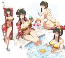 2025 2girls ;) anya_(spy_x_family) arm_behind_head arms_up bikini black_hair blush breasts cleavage closed_eyes collarbone commentary crossed_ankles earrings english_commentary eyepatch_bikini feet food front-tie_bikini_top front-tie_top gold_bikini gold_choker gold_hairband hair_between_eyes hairband highleg highleg_bikini holding holding_food holding_ice_cream ice_cream jewelry jk_arts large_breasts legs long_hair looking_at_viewer multiple_girls multiple_views navel o-ring o-ring_bikini one_eye_closed poolside print_robe red_eyes red_robe robe sandals sidelocks signature sitting smile soaking_feet spy_x_family stomach stretching swimsuit thighs toes toned toned_female twitter_username water yor_briar