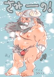 1boy absurdres bara beard belly brown_hair cheek_press da_(arttatsu1) dungeon_meshi dwarf facial_hair fake_horns helmet highres horned_helmet horns large_pectorals long_beard looking_ahead male_focus mustache nipples pectorals penis_out senshi_(dungeon_meshi) sex snowing solo thick_mustache thick_navel_hair topless_male translation_request uncensored unfinished very_long_beard
