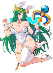 1girl absurdres animal_ears armlet aryi077 bare_shoulders blush breasts circlet forehead_jewel green_eyes green_hair high_heels highres holding holding_staff jewelry kid_icarus kid_icarus_uprising large_breasts laurel_crown leotard long_hair looking_at_viewer nintendo palutena playboy_bunny rabbit_ears rabbit_tail smile solo staff tail thighhighs tiara very_long_hair white_leotard white_thighhighs wrist_cuffs