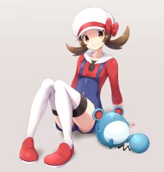 1girl 40cabbage blue_overalls brown_eyes brown_hair closed_mouth full_body gen_2_pokemon grey_background hat looking_at_viewer low_twintails lyra_(pokemon) marill nintendo overalls pokemon pokemon_(creature) pokemon_hgss red_shirt red_shoes shirt shoes sitting solo thighhighs twintails white_hat white_thighhighs