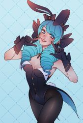 1girl alternate_costume animal_ears bare_shoulders black_bow black_gloves black_pantyhose blush bow bowtie breasts cleavage cowboy_shot detached_collar fake_animal_ears gloves green_eyes green_hair grin gwen_(league_of_legends) hair_bow hands_up highres large_breasts league_of_legends leotard long_hair looking_at_viewer medium_breasts pantyhose playboy_bunny poposhirat rabbit_ears rabbit_tail shiny_clothes smile solo strapless strapless_leotard tail teeth wrist_cuffs