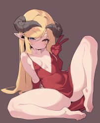 1girl absurdres artist_request barefoot black_horns blonde_hair blue_eyes breasts brown_background closed_mouth commission covered_erect_nipples covered_navel dress feet full_body gloves hand_up heterochromia highres horns knee_up long_hair original pointy_ears red_dress red_gloves second-party_source simple_background sitting sleeveless sleeveless_dress small_breasts solo v yellow_eyes