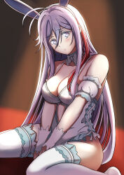 1girl 86_-eightysix- absurdres ahoge animal_ear_hairband animal_ears antenna_hair blush bow bowtie breasts cleavage closed_mouth detached_sleeves fake_animal_ears frilled_leotard frills furrowed_brow fuyu_no_oka grey_eyes grey_hair hair_between_eyes hairband highres leotard long_hair looking_at_viewer medium_breasts multicolored_hair playboy_bunny rabbit_ear_hairband rabbit_ears sitting solo spaghetti_strap streaked_hair thighhighs thighs very_long_hair vladilena_millize wariza white_bow white_bowtie white_thighhighs