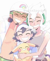 1girl 2boys ash_ketchum black_hair blush blush_stickers brown_hair burnet_(pokemon) closed_eyes dark-skinned_female dark-skinned_male dark_skin dot_nose facial_hair gen_1_pokemon goatee green-framed_eyewear grey_shirt hair_bun hand_on_another&#039;s_hip hat highres holding holding_pokemon jacket kukui_(pokemon) lab_coat medium_hair mismatched_eyebrows multiple_boys nintendo open_clothes open_jacket pika2pocket pikachu pokemon pokemon_(anime) pokemon_(creature) pokemon_sm_(anime) red_hat shirt short_hair sleeveless sleeveless_shirt smile sunglasses tan teeth topless_male white_hair white_hat white_jacket