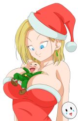Rule 34 | 1boy, 1girl, android 18, bald, bald male, blonde hair, blue eyes, blush, breasts, caisama, christmas, christmas elf, couple, dragon ball, happy, kuririn, large breasts, smile
