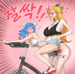 2girls ass assertive_female bent_over bicycle black_bra black_maria_(one_piece) blonde_hair blue_eyes blue_hair blush bra breasts exercising exercise_bike hand_on_another&#039;s_ass highres horns large_breasts licking_lips long_hair multiple_girls one_piece oni_horns pink_eyes pink_nails shorts spanking sports_bra sweat taejaho tongue tongue_out ulti_(one_piece) underwear workout_clothes yuri
