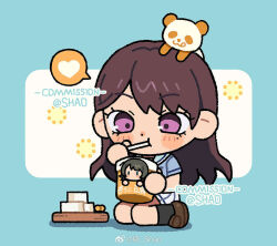 1girl bang_dream! bang_dream!_it&#039;s_mygo!!!!! black_socks blue_shirt blush brown_hair brown_shoes chinese_commentary commentary_request commission eating hanasakigawa_school_uniform heart highres long_hair mole mole_under_eye panda purple_eyes sailor_collar school_uniform serafuku shao_(shaorouhong) shirt shoes short_sleeves sitting skirt socks solo spoken_heart watermark weibo_watermark white_sailor_collar white_skirt yahata_umiri