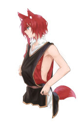 Rule 34 | 1girl, alternate costume, ange katrina, animal ears, bare arms, black tabard, blue eyes, breasts, closed mouth, clothes grab, commentary request, cropped legs, elmida, fox ears, fox girl, fox tail, from side, highres, kemonomimi mode, nijisanji, profile, red hair, red shirt, red tail, shirt, short hair, sideboob, sideless outfit, simple background, small breasts, solo, sweatdrop, tabard, tail, virtual youtuber, white background