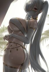 Rule 34 | 1girl, alternate costume, ass, breasts, bridal gauntlets, choker, cinderella (nikke), covered erect nipples, dutch angle, ear piercing, from behind, goddess of victory: nikke, hair over one eye, highres, large breasts, long hair, looking at viewer, mask, mouth mask, navel, piercing, red eyes, thighhighs, tree, twintails, underboob, uzzy2801, white hair