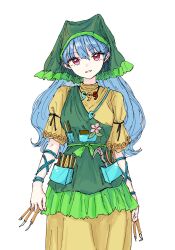 Rule 34 | 1girl, :d, apron, blue hair, commentary request, cowboy shot, dress, flower, green apron, green headscarf, haniyasushin keiki, headscarf, highres, holding scalpel, jewelry, kashiwada kiiho, long hair, looking at viewer, magatama, magatama necklace, necklace, object in pocket, open mouth, parted lips, pink flower, pliers, pocket, purple eyes, short sleeves, simple background, smile, solo, standing, touhou, wavy hair, white background, wood carving tool, yellow dress