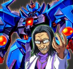 Rule 34 | 1boy, black hair, dark-skinned male, dark skin, glasses, glowing, glowing eyes, granzon, isekai ojisan, kin-san (sasuraiga), koyasu takehito, long sleeves, mecha, robot, science fiction, shibazaki yousuke, shirt, shuu shirakawa, super robot wars, super robot wars original generation, super robot wars the lord of elemental, teeth, voice actor connection, yellow eyes