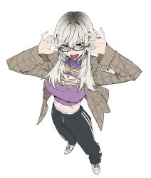 1girl absurdres collared_shirt cross cross_necklace fingernails glasses grey_hair highres jewelry long_fingernails long_hair looking_at_viewer midriff necklace open_clothes open_shirt original pants shirt shouz simple_background solo sweatpants tattoo tongue tongue_out white_background