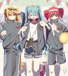 3girls ahoge akita_neru ball blonde_hair blue_hair blush covering_own_eyes double_v drill_hair eyewear_on_head fang flat_chest gauze_on_knee grey_jacket grey_shorts hair_between_eyes hand_up hatsune_miku heart heart-shaped_eyewear highres holding holding_ball indoors jacket kasane_teto leg_up long_hair long_sleeves mozyamozya_7112 multiple_girls open_mouth outstretched_arm red_hair red_shoes shading_eyes shadow shirt shoes shorts shorts_rolled_up side_ponytail standing standing_on_one_leg sunglasses sweat track_jacket triple_baka_(vocaloid) triple_ryuunen twin_drills twintails utau v very_long_hair vocaloid white_shirt yellow_eyes