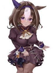 Rule 34 | 1girl, @ @, ahoge, animal ears, breasts, brown hair, commentary request, dress, hair between eyes, halloween costume, hat, headband, highres, horse ears, horse girl, large breasts, long sleeves, looking at viewer, meisho doto (dot-o&#039;-lantern) (umamusume), meisho doto (umamusume), multicolored hair, no headwear, official alternate costume, pantyhose, puffy sleeves, purple dress, purple eyes, simple background, solo, streaked hair, umainu 2002, umamusume, white background, white hair
