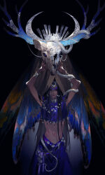 1boy black_background black_eyes black_hair bracelet cowboy_shot crop_top earrings facial_mark forehead_mark forehead_tattoo highres holding holding_skull ibuki_satsuki jewelry long_hair looking_at_viewer male_focus navel original simple_background skull sleeveless smile solo standing stomach