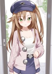 1girl absurdres belt_buckle blush breasts brown_hair buckle cardigan closed_mouth flat_chest green_eyes hair_between_eyes hat highres if_(neptunia) jacket long_hair long_sleeves looking_at_viewer neptune_(series) shirt skirt small_breasts solo xueli_shimazaki