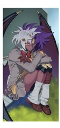 1girl demon_girl demon_wings duel_monster full_body green_eyes grey_hair grey_jacket heterochromia highres jacket multicolored_hair orange_eyes orange_sweater outdoors purple_hair shirt sitting sweater tawashipurin third_eye two-tone_hair white_shirt wings yellow_eyes yu-gi-oh!