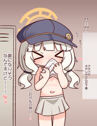 Rule 34 | &gt; &lt;, 1girl, aoba (blue archive), bare arms, bare shoulders, blue archive, blue hat, blunt bangs, blush, closed eyes, clothes pull, commentary request, cowboy shot, halo, hana kazari, hat, highres, medium hair, navel, shirt, shirt pull, skirt, sleeveless, sleeveless shirt, smelling, smelling clothes, solo, translation request, white hair, white shirt, white skirt, yellow halo