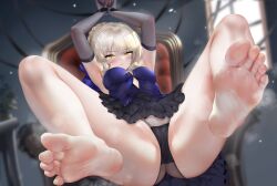 1girl armpits arms_up artoria_pendragon_(fate) bare_legs barefoot black_gloves black_panties blonde_hair blue_dress blush bound bound_wrists breasts closed_mouth commentary commentary_request commission dress elbow_gloves english_commentary fate/grand_order fate_(series) feet foot_focus gloves hair_between_eyes highres kamue legs long_hair looking_at_viewer lying medium_breasts mixed-language_commentary no_shoes on_back on_chair panties pixiv_commission restrained saber_alter sidelocks smell soles solo spread_legs thick_thighs thighs toenails toes underwear yellow_eyes