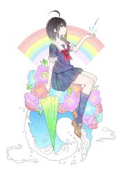 1girl ahoge black_hair black_serafuku black_shirt black_skirt black_socks blue_eyes braid commentary_request flower full_body hair_over_shoulder highres kantai_collection kneehighs long_hair neckerchief nora_(salatto) pleated_skirt rainbow red_neckerchief sailor_collar sailor_shirt school_uniform serafuku shigure_(kancolle) shirt single_braid sitting skirt socks solo umbrella white_sailor_collar