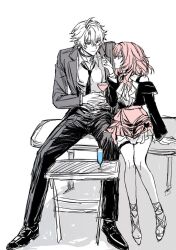 1boy 1girl alternate_costume bad_id bad_twitter_id black_necktie black_pantyhose black_shirt blue_eyes champagne_flute cocktail_glass cup cyrene_(honkai:_star_rail) drinking_glass grey_vest hashtag-only_commentary holding holding_cup honkai:_star_rail honkai_(series) ilsijeongj2213 looking_at_another medium_hair necktie pantyhose phainon_(honkai:_star_rail) pink_hair pink_skirt shirt short_hair simple_background sitting sitting_on_table skirt vest white_background white_hair white_shirt