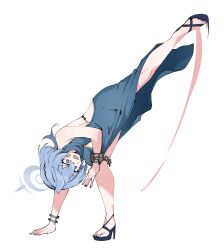 1girl absurdres ako_(blue_archive) ako_(dress)_(blue_archive) blue_archive blue_eyes blue_hair dress eri_(erikiri) full_body high_heel_sandals highres kicking sandals solo white_background