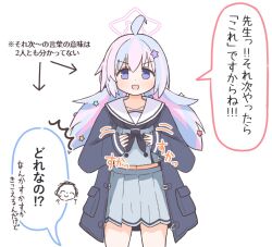 1girl ahoge ayanoburuaka black_jacket blue_archive blue_hair doodle_sensei_(blue_archive) grey_shirt grey_skirt hair_ornament halo highres jacket long_hair multicolored_hair open_clothes open_jacket open_mouth pink_hair pink_halo purple_eyes reisa_(blue_archive) sensei_(blue_archive) shirt simple_background skirt sleeves_past_wrists smile speech_bubble star_(symbol) star_hair_ornament star_halo translation_request two-tone_hair white_background