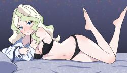 Rule 34 | 1girl, barefoot, black bra, black panties, blonde hair, blue eyes, bra, breasts, cleavage, diana cavendish, full body, harukadew, highres, little witch academia, looking at viewer, lying, navel, off shoulder, on side, panties, shirt, small breasts, solo, underwear, underwear only, wavy hair, white shirt