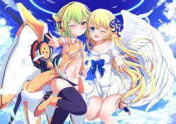 2girls ;d absurdres angel angel_wings bare_shoulders blonde_hair blue_eyes blue_ribbon blue_sky blush chunithm cloud day dress feathered_wings feathers green_hair hair_ribbon highres lida_vv long_hair long_sleeves looking_at_viewer love_&amp;_justice multiple_girls navel one_eye_closed open_mouth outdoors red_eyes ribbon short_hair single_wing sky sky_feather_(chunithm) smile thighhighs very_long_hair white_dress white_feathers white_wings wings