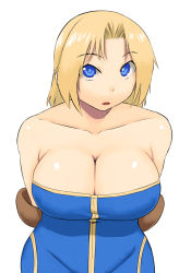 1girl arms_behind_back bad_id bad_pixiv_id bare_shoulders blonde_hair blue_eyes breasts cleavage collarbone female_focus final_fantasy final_fantasy_tactics large_breasts leaning_forward looking_at_viewer monk monk_(fft) open_mouth short_hair simple_background skindentation solo tsukudani_(coke-buta) white_background