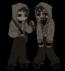 2boys absurdres bag black_background black_gloves black_hair black_shirt blood blood_from_forehead blood_on_arm blood_on_clothes bloodshot_eyes cry_of_fear dual_persona fingerless_gloves flashlight gloves grey_hoodie highres holding holding_flashlight holding_strap hood hood_up hoodie ju-san knees_together_feet_apart light_frown looking_at_another looking_at_viewer male_focus multiple_boys open_mouth outline sharp_teeth shirt shoulder_bag simon_henriksson simon_henriksson_(book) sweatdrop teeth white_outline