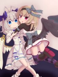 2girls :p absurdres angel_feather_alma antenna_hair black_boots black_dress black_ribbon black_wings blonde_hair blue_eyes blue_ribbon boots dark_feather_alma dress emil_chronicle_online hair_ribbon highres loli multiple_girls panties pantyshot pink_panties pointy_ears purple_thighhighs red_eyes ribbon rna0 striped_clothes striped_panties striped_thighhighs thighhighs tongue tongue_out underwear white_boots white_dress white_hair white_wings wings