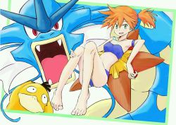 1girl adapted_costume asymmetrical_hair bikini blue_shirt breasts cowboy_shot creatures_(company) game_freak gen_1_pokemon gyarados gym_leader holding holding_poke_ball jewelry legs misty_(pokemon) navel nintendo orange_hair pendant poke_ball pokemon pokemon_(creature) pokemon_frlg ponytail psyduck red_hair shirt short_hair side_ponytail solo spandex staryu swimsuit yuuka_(a0240765)