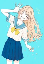1girl aqua_background aqua_sailor_collar artist_name blonde_hair blue_skirt blush closed_eyes cowboy_shot daisy_(flower) falling_petals flower grin hand_up head_tilt highres holding holding_flower long_hair neckerchief original petals pleated_skirt sailor_collar school_uniform serafuku shirt skirt smile solo usakonbu22 waving white_flower white_petals white_shirt yellow_neckerchief