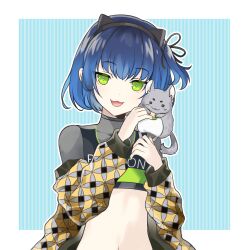 1boy :3 :d animal animal_ear_hairband animal_ears animal_on_shoulder black_hairband black_ribbon black_shirt blue_background blue_hair border bright_pupils cat_ear_hairband cat_ears chinchilla_(animal) commentary_request crop_top cropped_shirt fake_animal_ears fang green_eyes green_nails hair_between_eyes hair_ribbon hairband highres holding holding_animal jacket jacket_partially_removed jitome kiki_(tsunya) long_sleeves male_focus nail_polish navel one_side_up open_mouth orange_jacket outside_border pale_skin patterned_clothing puffy_long_sleeves puffy_sleeves ribbon ryoune_yami shirt short_hair simple_background smile stomach striped_background trap turtleneck turtleneck_shirt upper_body utau vertical-striped_background white_border white_pupils