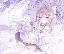 1girl artist_name beads bell blush bow brown_hair butterfly_hair_ornament closed_mouth commentary_request detached_sleeves falling_petals feet_out_of_frame flower frilled_bow frilled_kimono frilled_sleeves frilled_thighhighs frills hair_beads hair_bow hair_flower hair_ornament highres holding holding_umbrella japanese_clothes kimono leg_ribbon lolita_fashion long_hair long_sleeves looking_at_viewer neck_bell obi obiage obijime oil-paper_umbrella omochi_monaka original parasol petals purple_eyes purple_flower purple_petals purple_sash purple_umbrella ribbon sash single_thighhigh smile solo thigh_ribbon thighhighs umbrella very_long_hair wa_lolita watermark white_bow white_kimono white_ribbon white_sleeves white_thighhighs wide_sleeves wisteria
