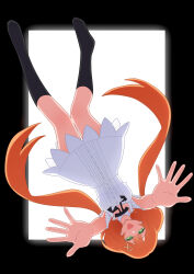 1girl :d absurdres bare_shoulders black_border black_bow black_bowtie black_socks border bow bowtie breasts center_frills dress falling frills green_eyes hair_ornament hair_ribbon highres kingdom_hearts kingdom_hearts_iv kingdom_hearts_x long_hair looking_at_viewer low_twintails open_mouth orange_hair orange_ribbon reaching reaching_towards_viewer ribbon short_dress simple_background smile socks solo strelitzia_(kingdom_hearts) twintails very_long_hair w3n6ev white_background white_dress x_hair_ornament