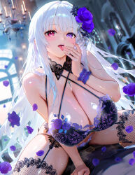1girl :p backlighting blue_eyes blue_flower blue_petals blurry blurry_background blush bra breasts chandelier character_request cleavage commentary_request commission copyright_request falling_petals finger_to_tongue flower hair_flower hair_intakes hair_ornament heterochromia highres huge_breasts indoors lace lace-trimmed_bra lace-trimmed_panties lace_trim leaning_forward long_hair looking_at_viewer open_mouth panties petals red_eyes sakurano_tsukasa skeb_commission skindentation solo thighs tongue tongue_out underwear white_hair