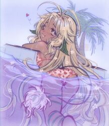 antenna_hair bambi_haze bikini blonde_hair blush dark_skin fang flower gh0sttnacht hair_flower hair_ornament highres indie_virtual_youtuber loli skin_fang swimsuit wet