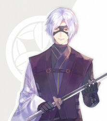 1boy asymmetrical_sleeves black_gloves eye_mask gloves grey_background holding holding_sword holding_weapon japanese_clothes looking_to_the_side male_focus purple_mask sengoku_basara short_hair smile solo sword takenaka_hanbee_(sengoku_basara) toruglose upper_body weapon white_eyes white_hair